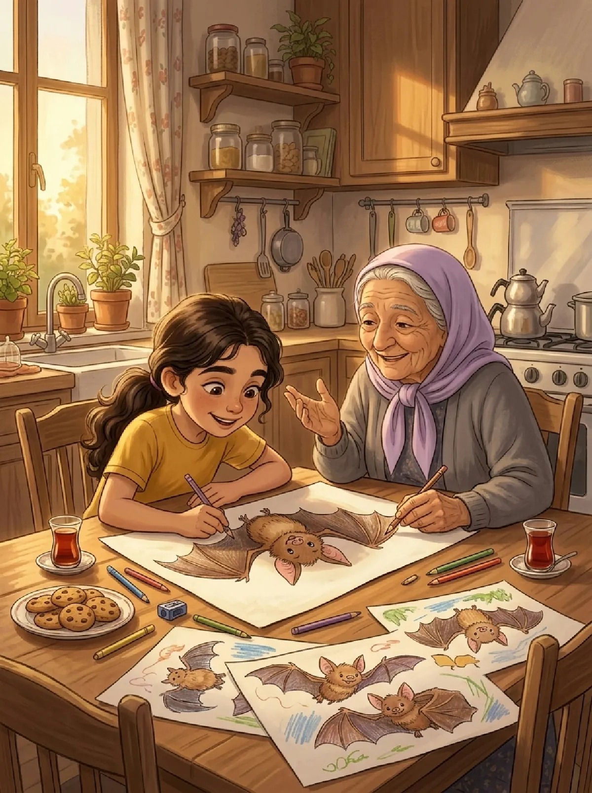 Elif und Babaanne malen am Küchentisch Plakate mit Fledermäusen