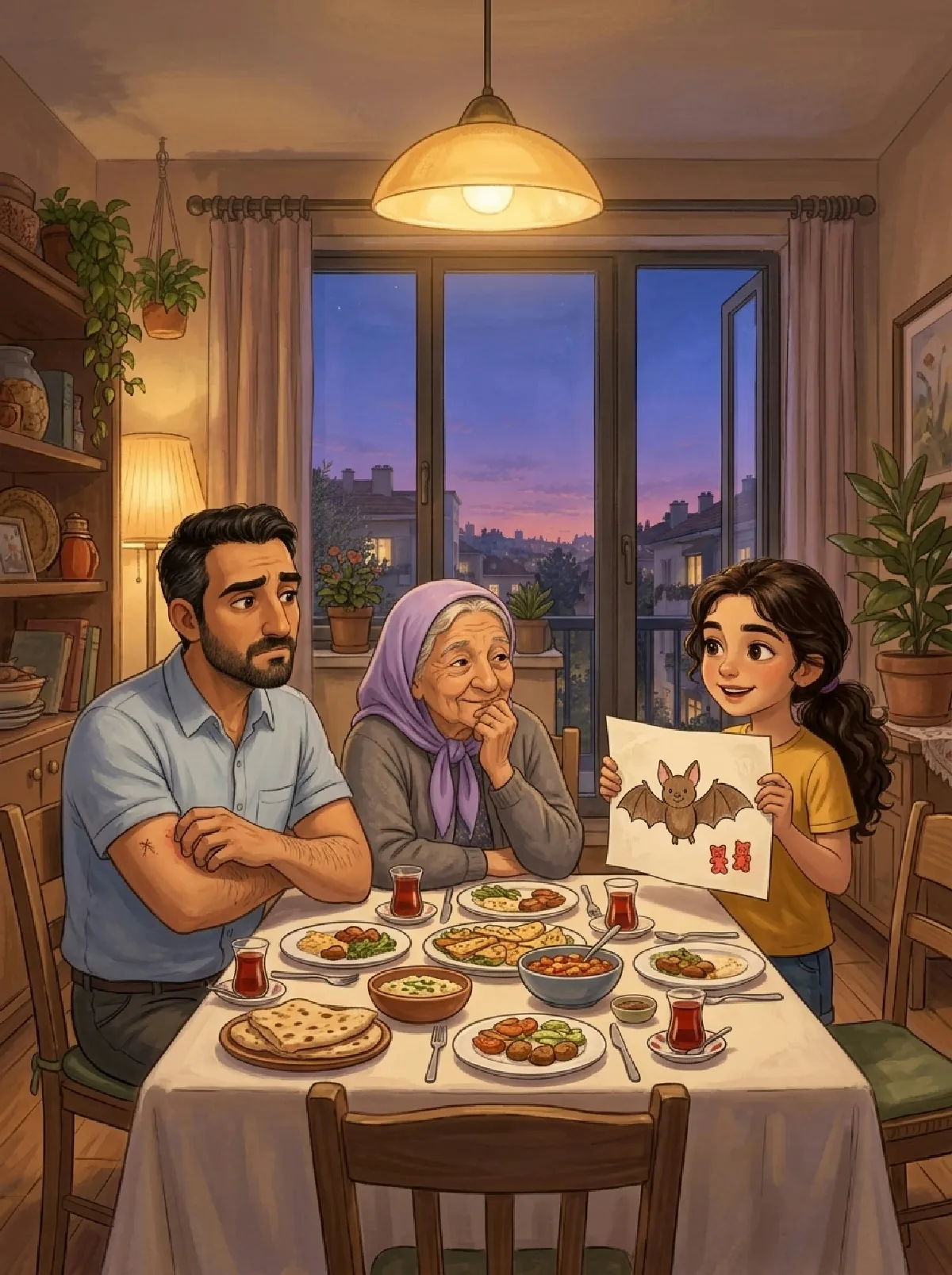 Elif zeigt beim Abendessen ein Plakat mit Fledermaus und Gummibärchen, Papa kratzt sich am Mückenstich
