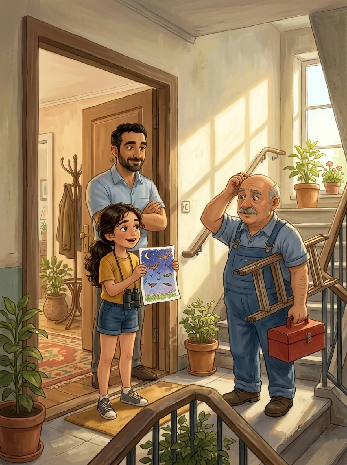 Elif erklärt dem Hausmeister mit Leiter und Werkzeugkiste an der Wohnungstür alles, Papa schaut stolz