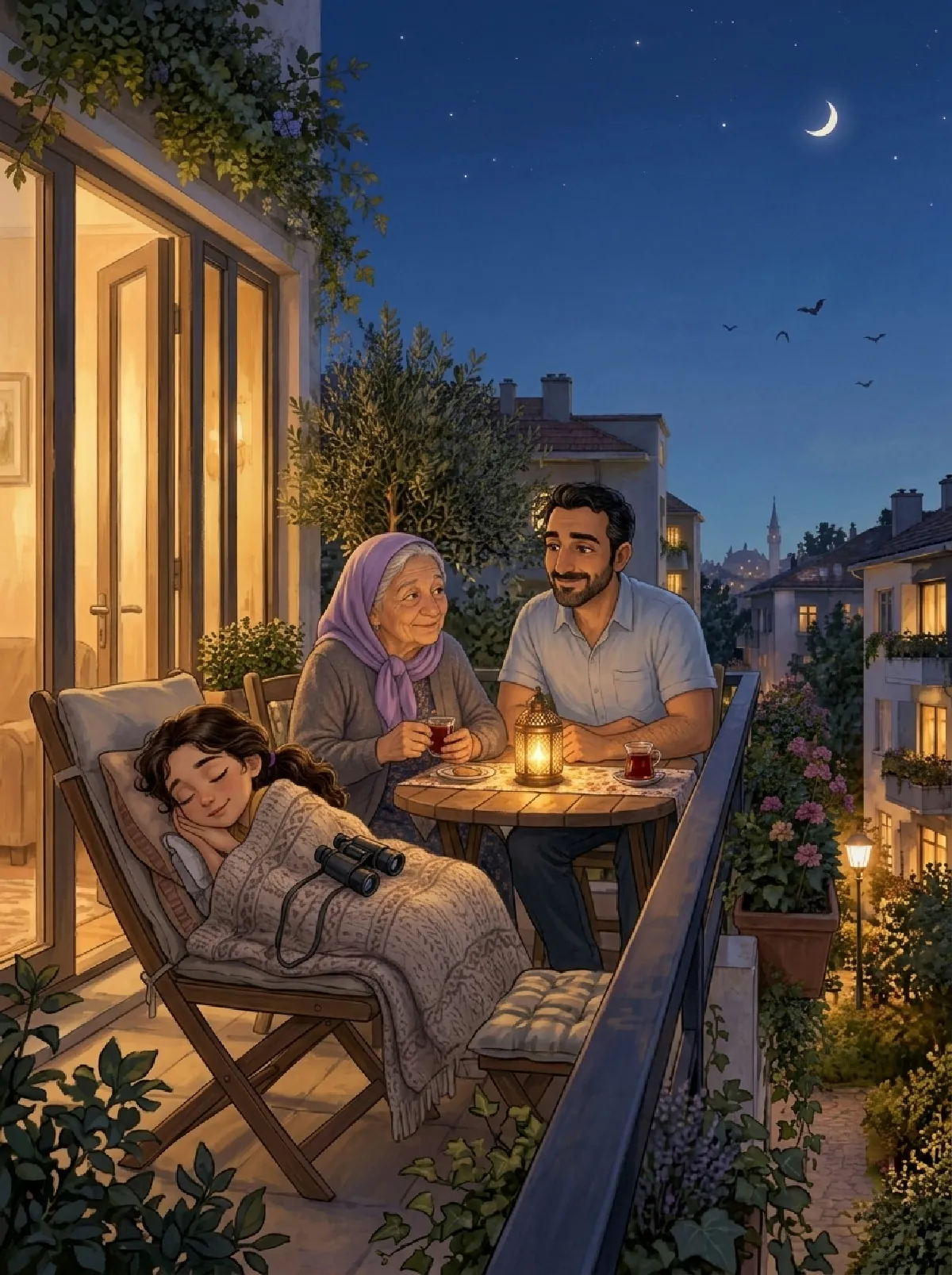 Elif schläft unter einer Decke auf dem Balkonstuhl, Babaanne und Papa sitzen bei ihr