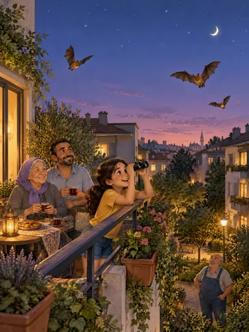 Elif schaut auf dem Balkon durchs Fernglas, um sie flattern kleine Fledermäuse, Babaanne und Papa trinken Tee