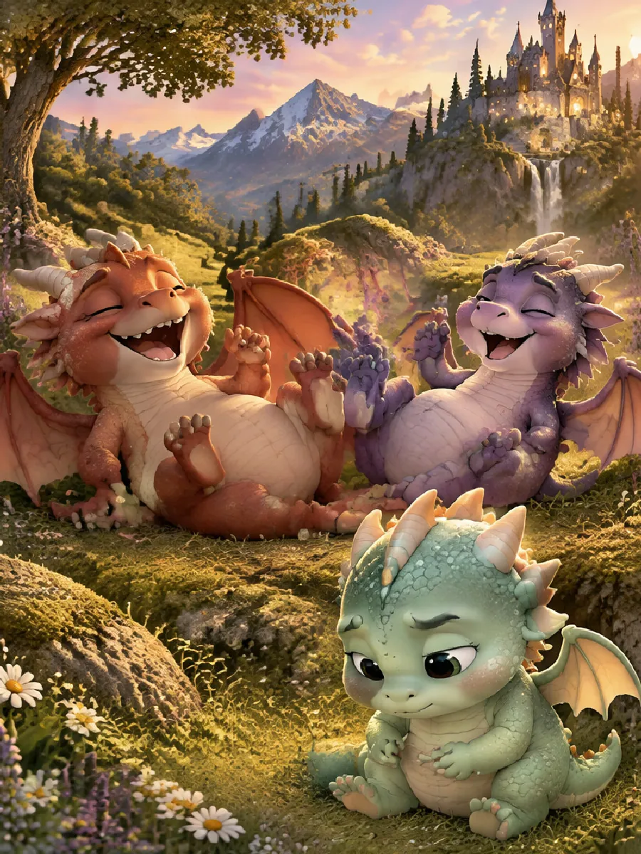 Ein roter und ein lila Drache rollen sich lachend im Moos, Fridolin lässt traurig den Kopf hängen