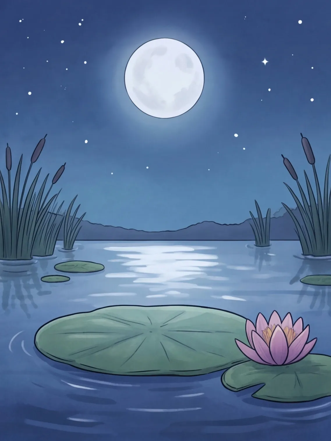 Ein leeres Seerosenblatt auf dem stillen Teich unter dem Vollmond