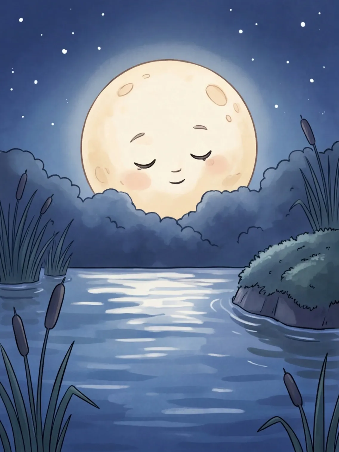 Der Mond schaut freundlich auf den stillen Teich