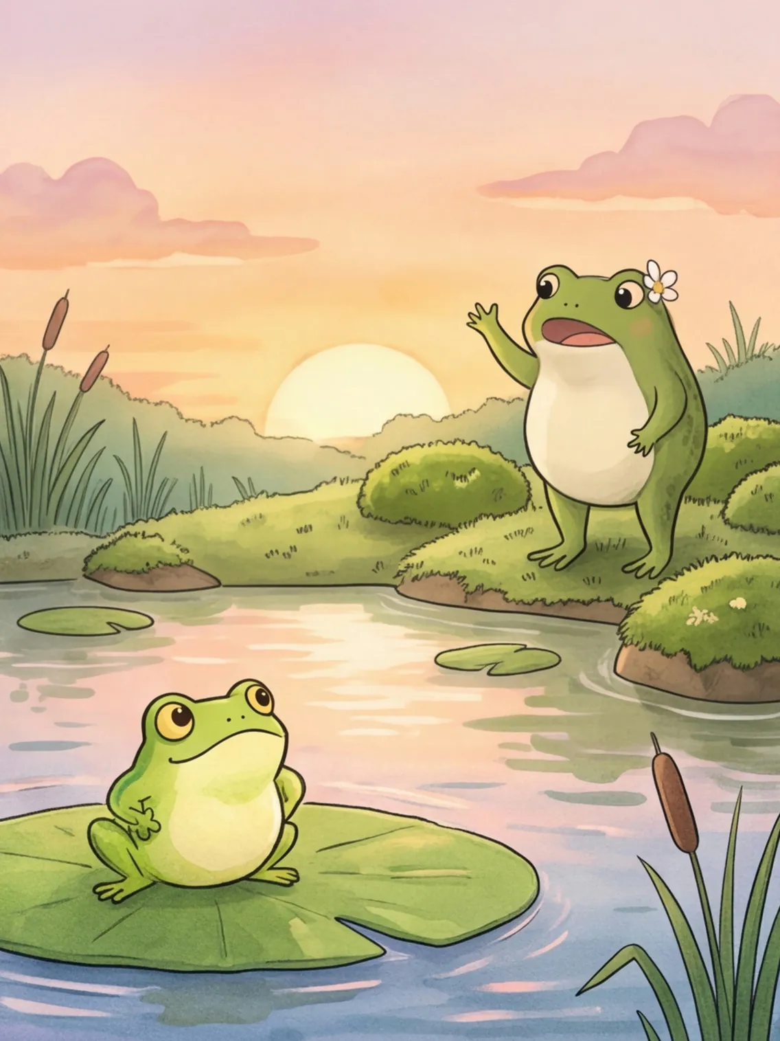Flipp plustert sich trotzig auf, hinten am Ufer ruft Mama Frosch