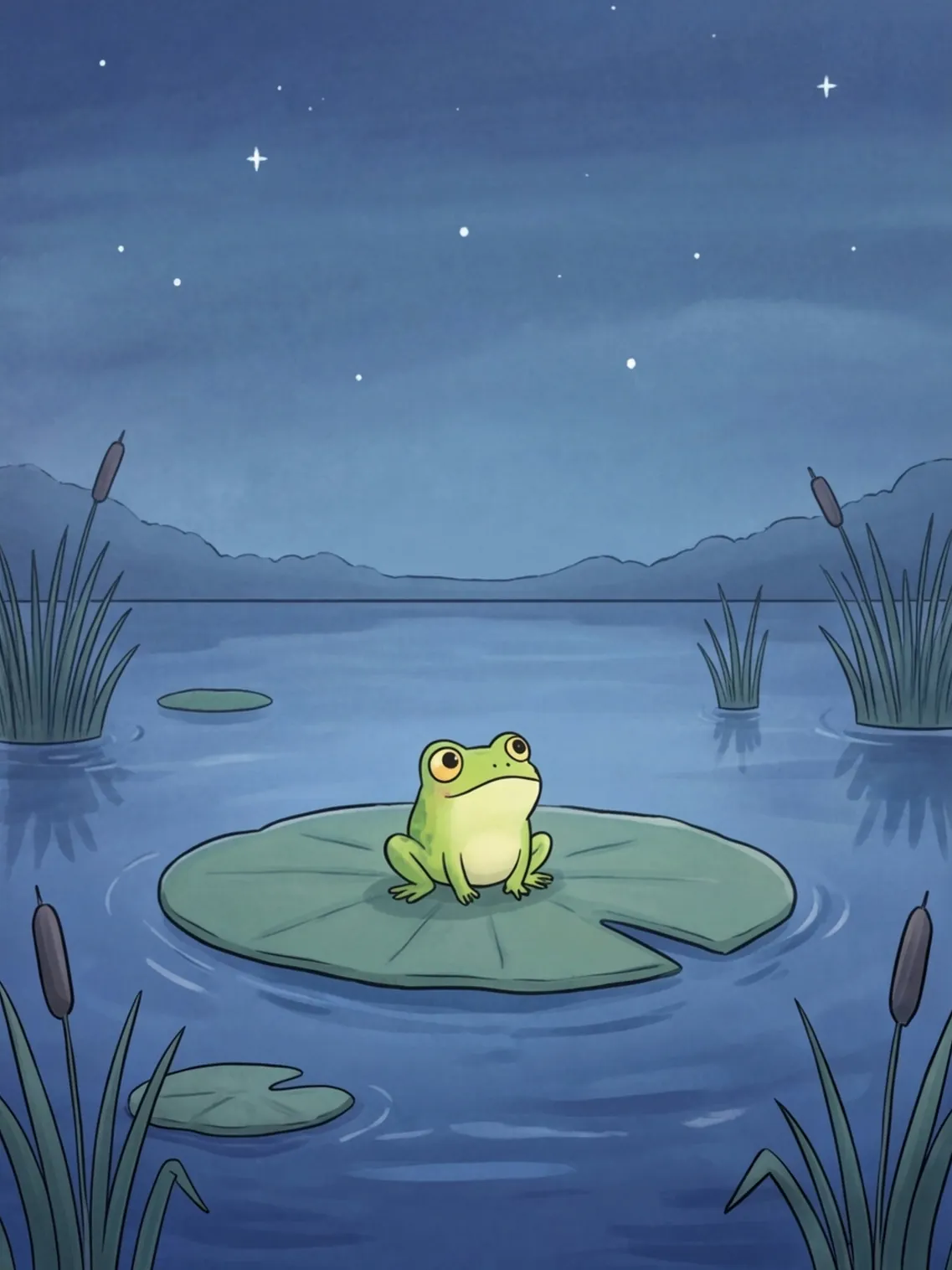 Flipp sitzt ganz allein auf dem leeren Seerosenblatt im dunklen Teich