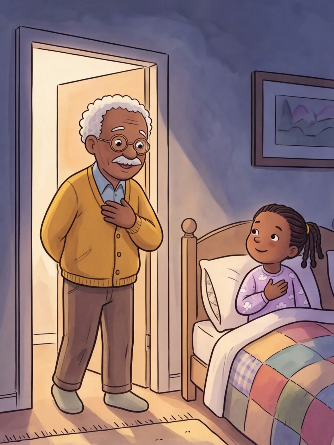 Opa steht in der Tür mit der Hand auf dem Herzen, Emma macht es im Bett nach