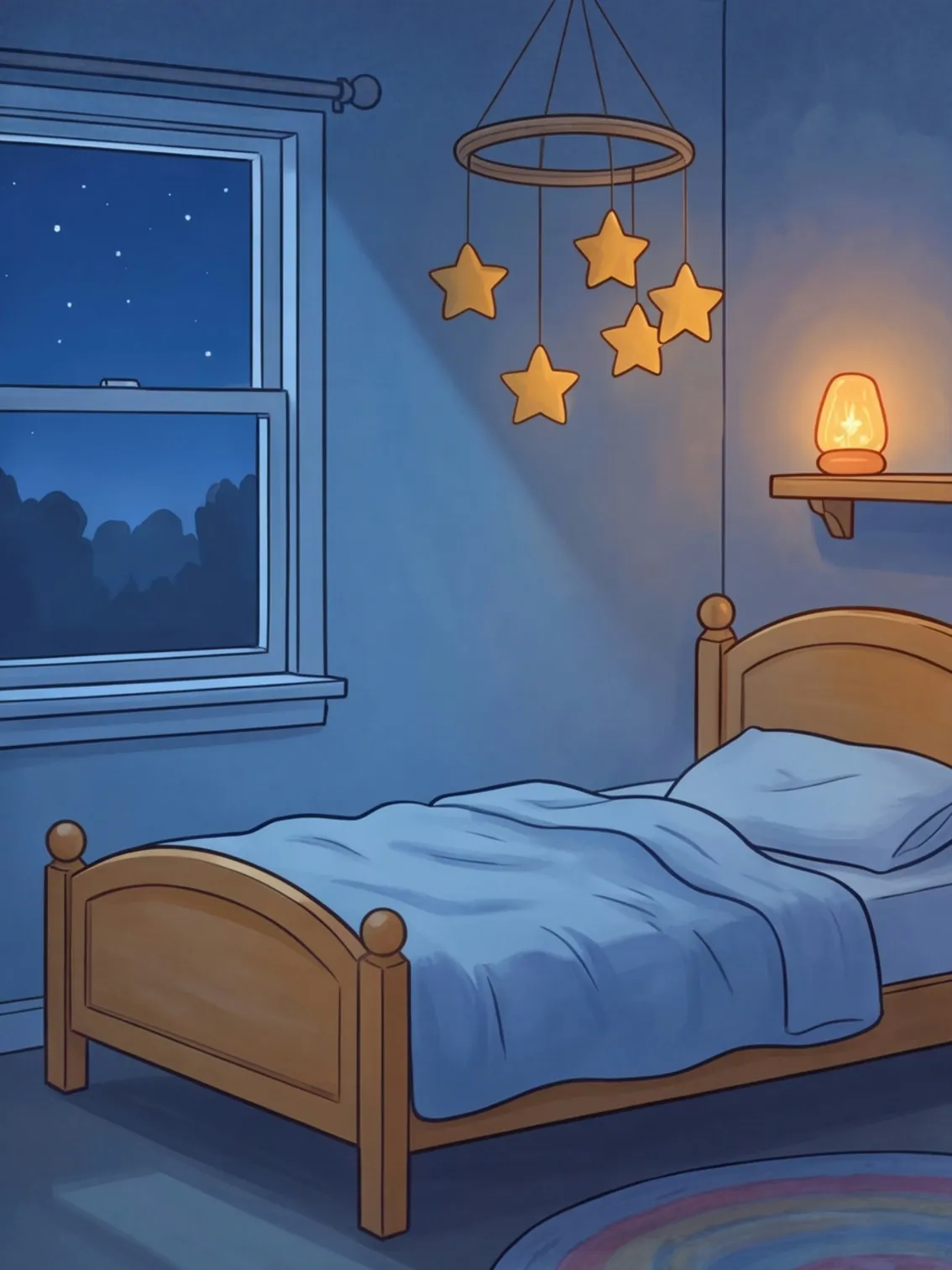 Das große Bett mit der himmelblauen Decke und dem leuchtenden Sternenmobile bei Nacht