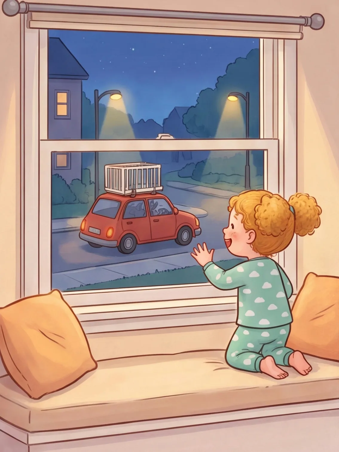 Hanna winkt am Fenster einem kleinen roten Auto mit den Gittern auf dem Dach nach