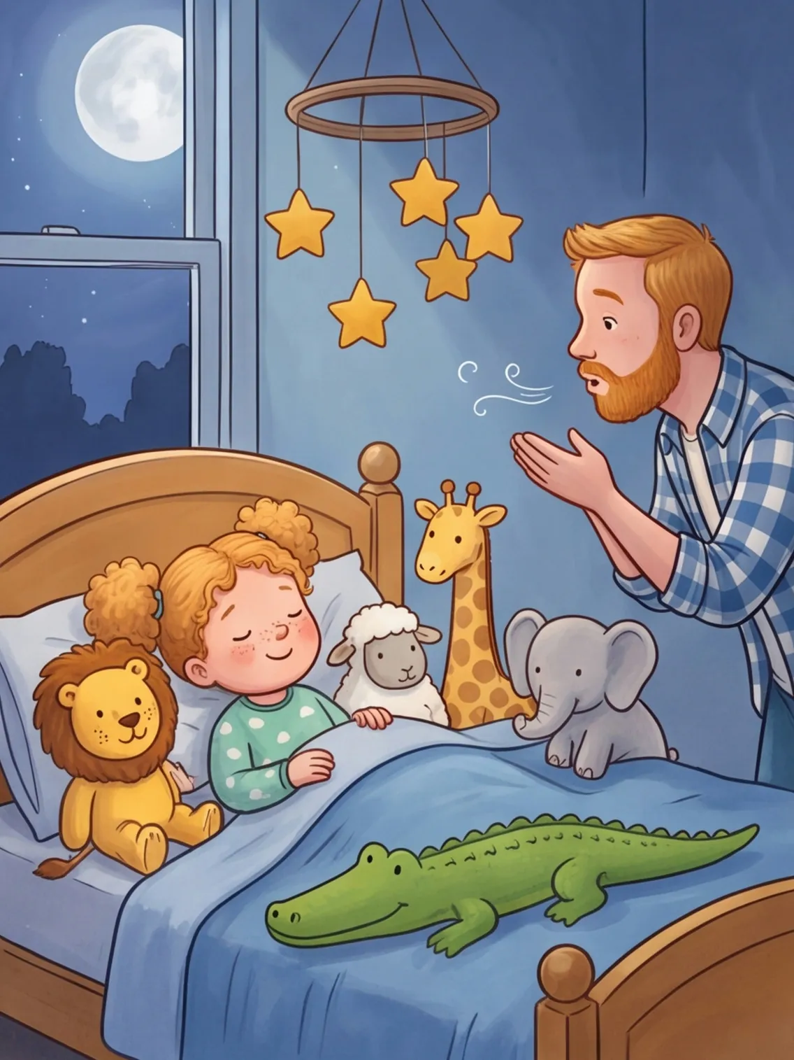 Hanna liegt mit ihren Kuscheltieren im großen Bett, Papa pustet das Mobile an