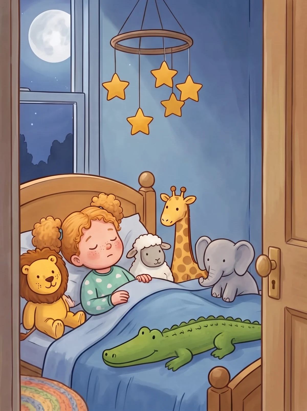Hanna schläft im großen Bett, über ihr drehen sich die fünf Sterne im Mondlicht