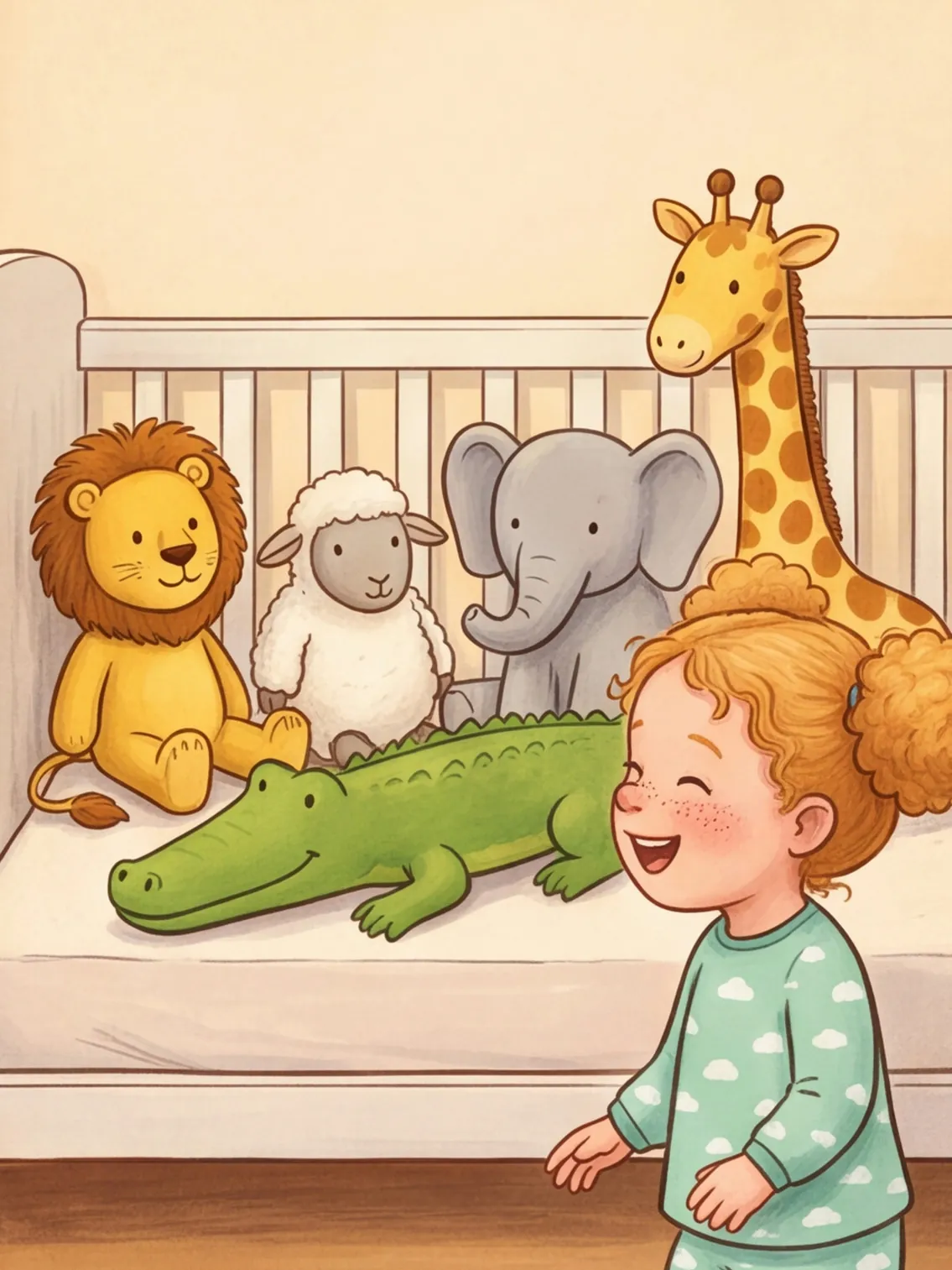 Fünf Kuscheltiere im Gitterbett, das Krokodil liegt quer, die Giraffe guckt durch die Stäbe
