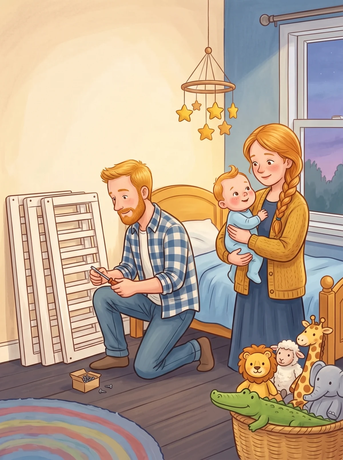 Papa baut das Gitterbett ab, Tante Rosi hält Baby Fritzi auf dem Arm