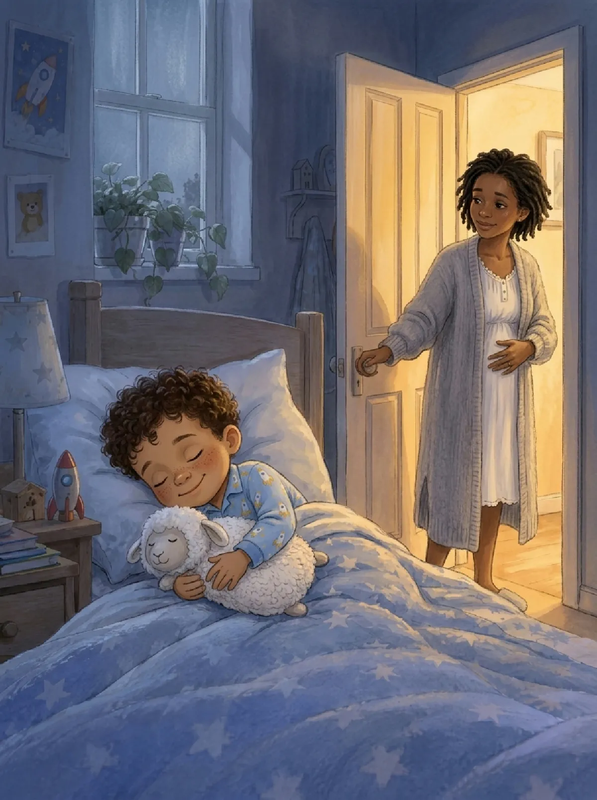 Ole schläft im Mondlicht, Mama schaut von der Tür aus zurück