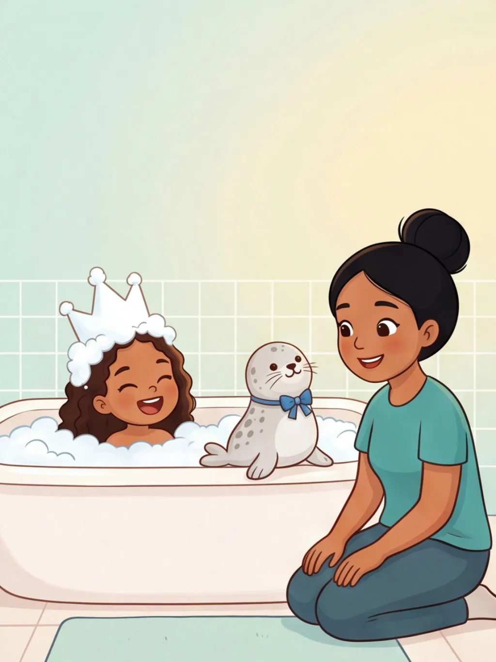 Juli mit einer hohen Schaumkrone in der Badewanne, Robbi auf dem Wannenrand, Mama kniet daneben