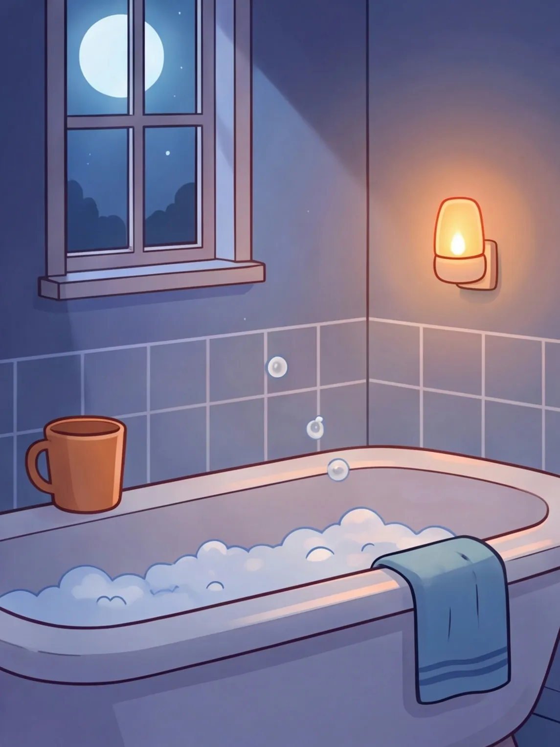 Die stille Badewanne bei Nacht mit Becher und Waschlappen auf dem Rand