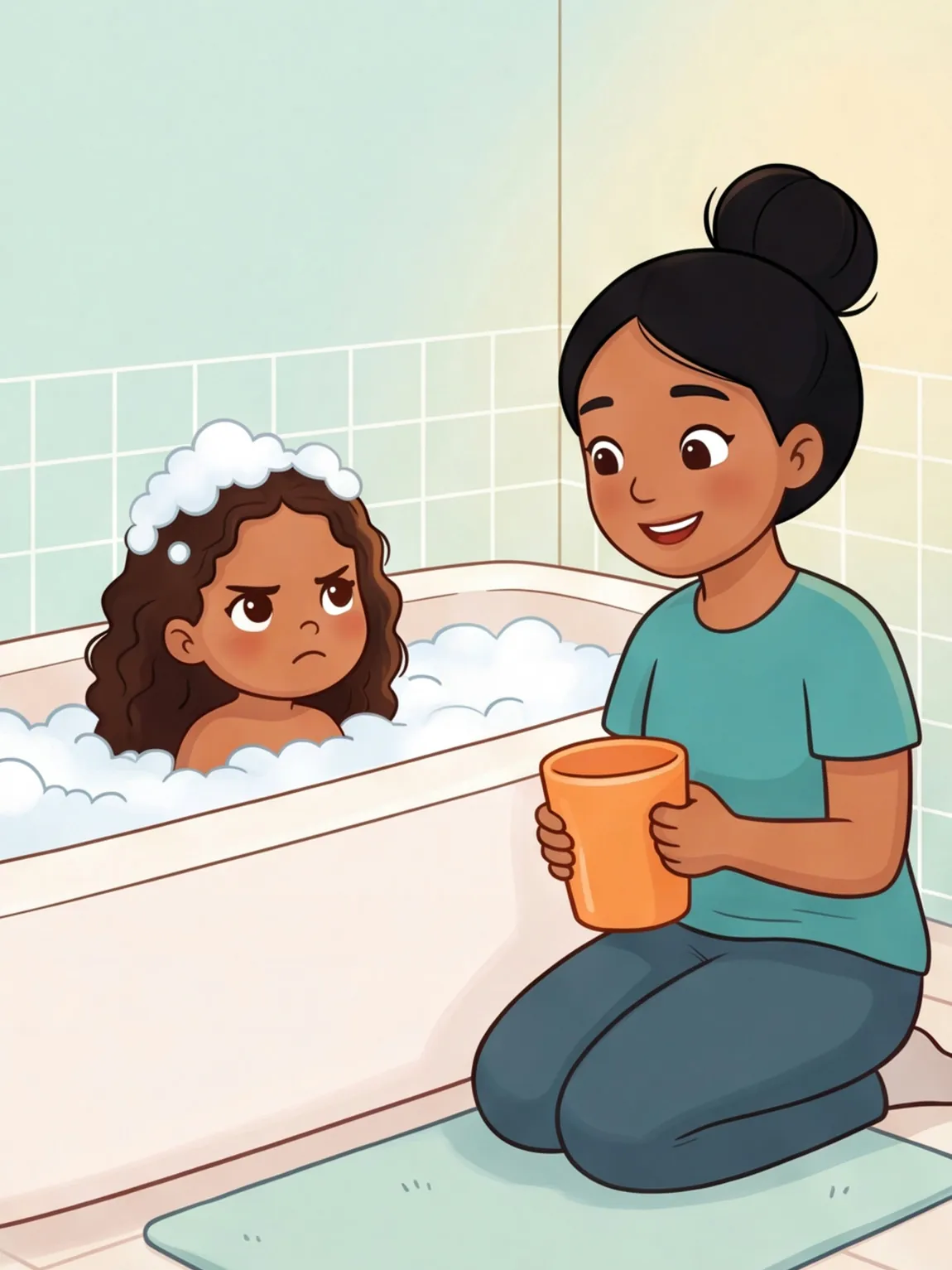 Juli schaut in der Badewanne böse auf Mamas orangen Haarewasch-Becher
