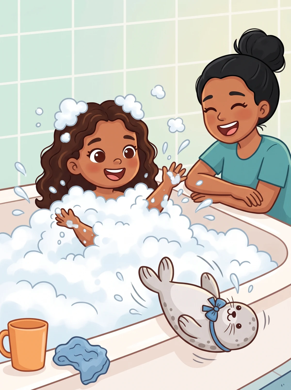 Juli klatscht ins Wasser, Robbi plumpst in die Wanne