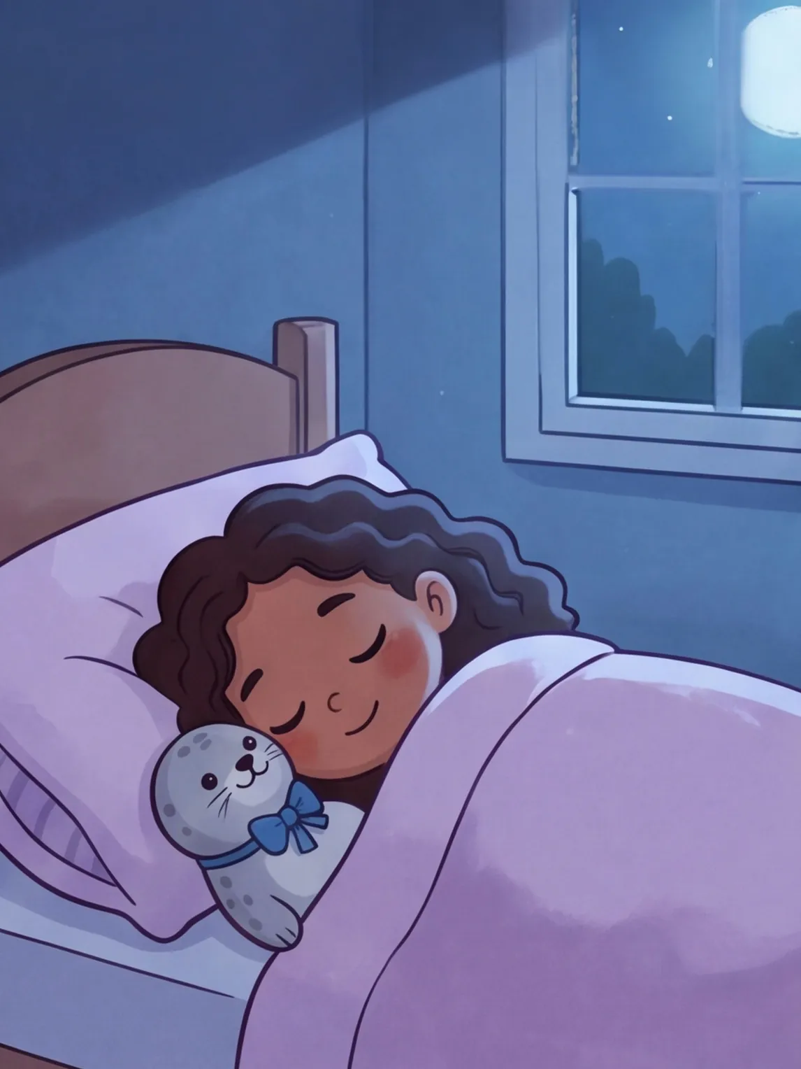 Juli liegt im Bett, Robbi schaut neben ihr zum Mond