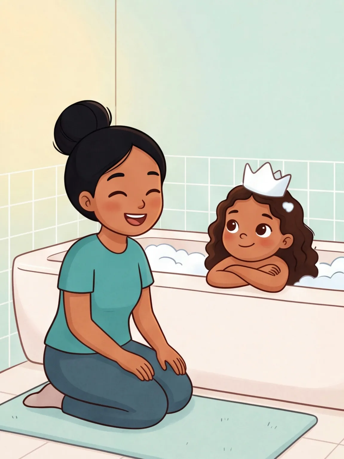 Juli sitzt mit ihrer halben Schaumkrone in der Wanne, Mama lacht