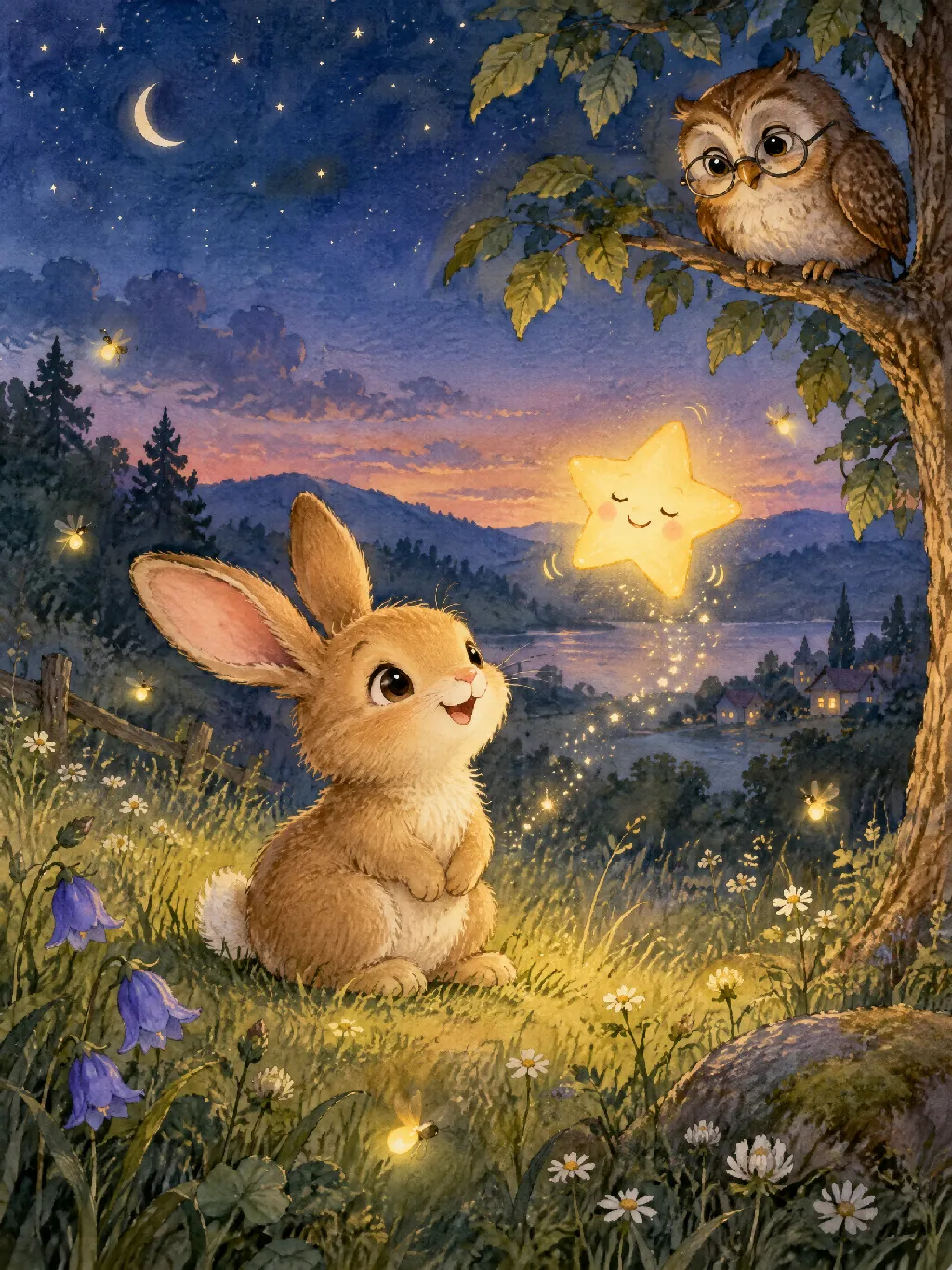 Der kleine Hase Hoppel sitzt auf der Abendwiese und schaut einen leuchtenden kleinen Stern an, eine Eule sieht vom Ast zu