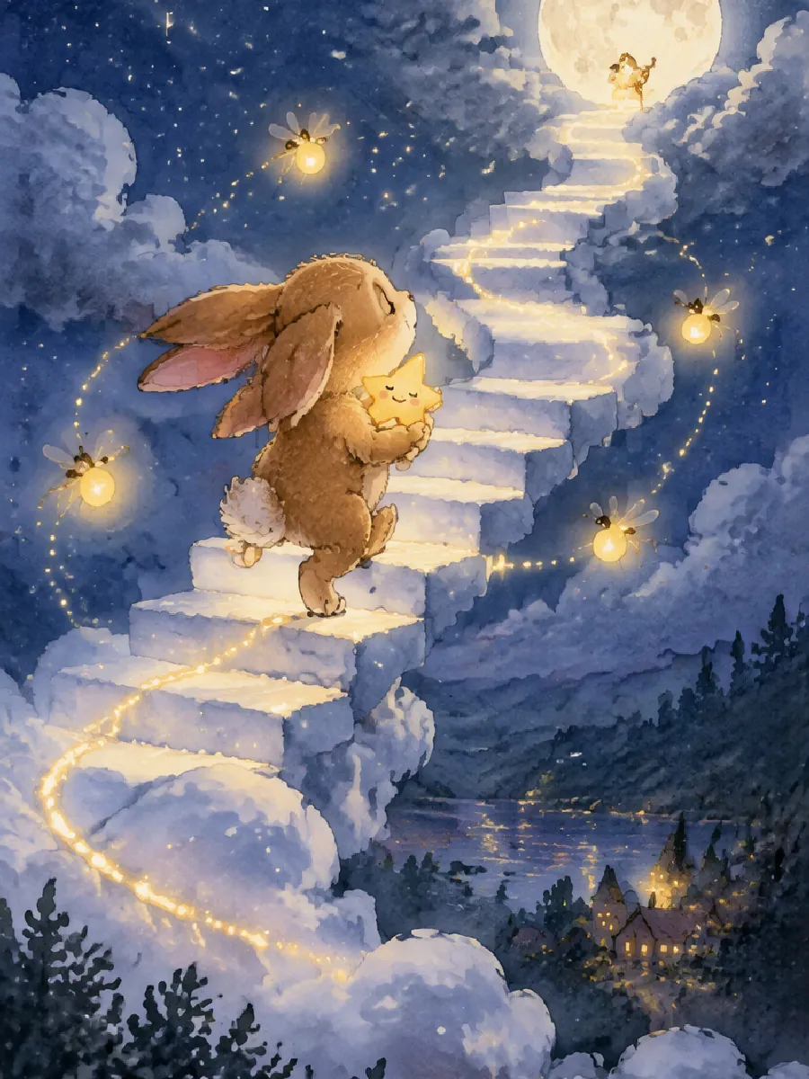 Hoppel steigt mit dem schlafenden Stern eine leuchtende Treppe aus Mondlicht hinauf