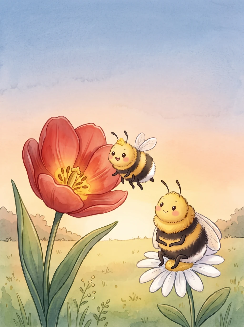Eine kleine flauschige Hummel fliegt vor einer großen roten Tulpe, auf einem Gänseblümchen schaut die Hummelmama zu