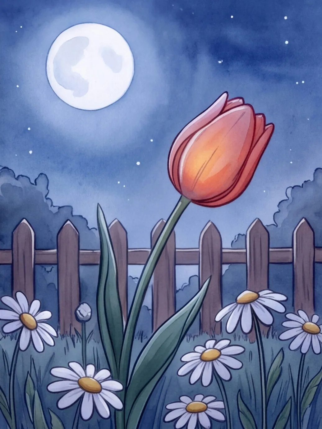 Eine geschlossene rote Tulpe im nächtlichen Garten unter einem großen Mond