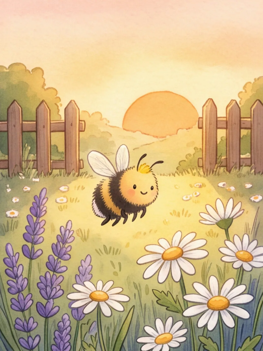 Hummel Hanni summt im goldenen Abendlicht über Gänseblümchen und Lavendel