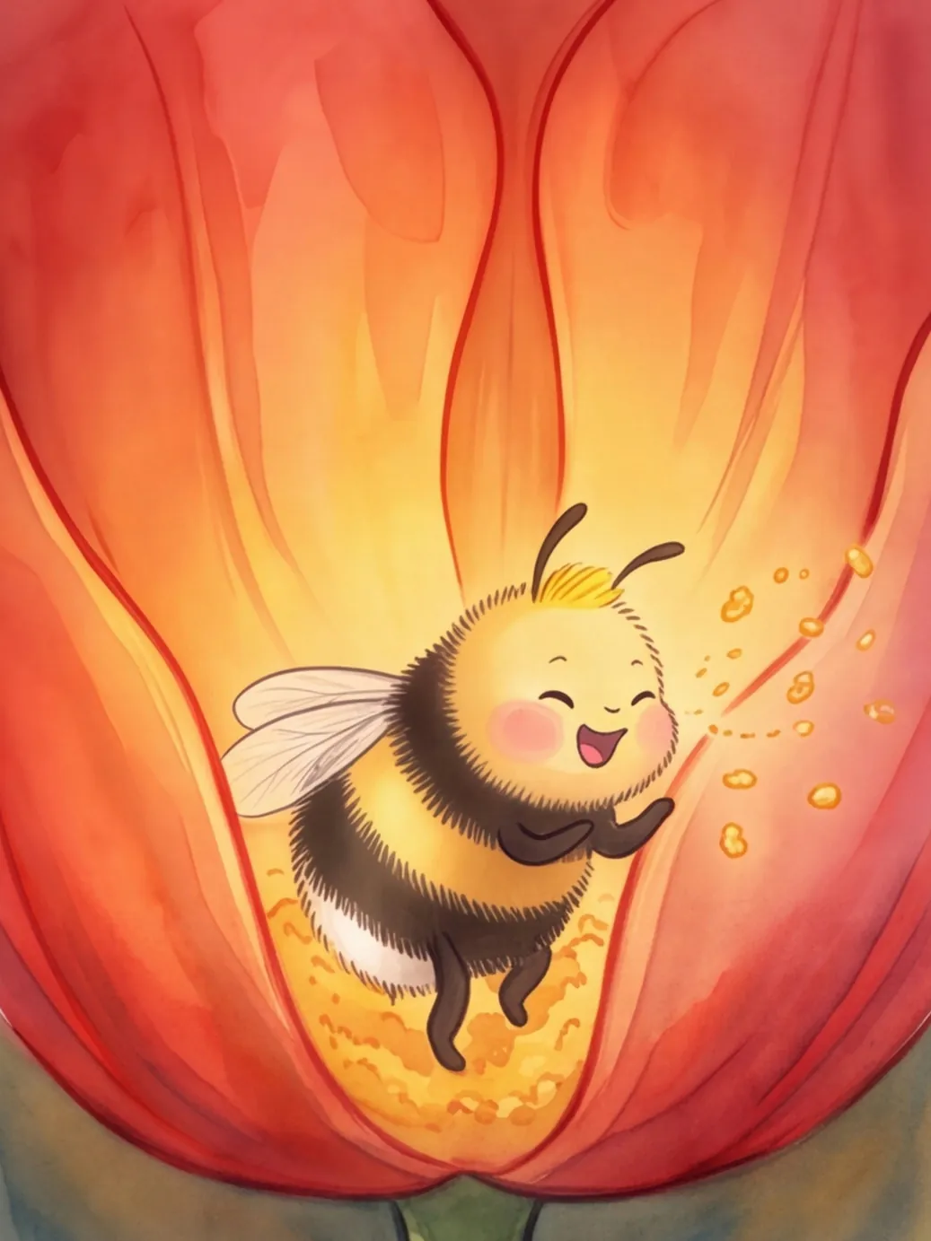 Hanni kuschelt sich in die Tulpe und niest eine kleine Wolke Blütenstaub
