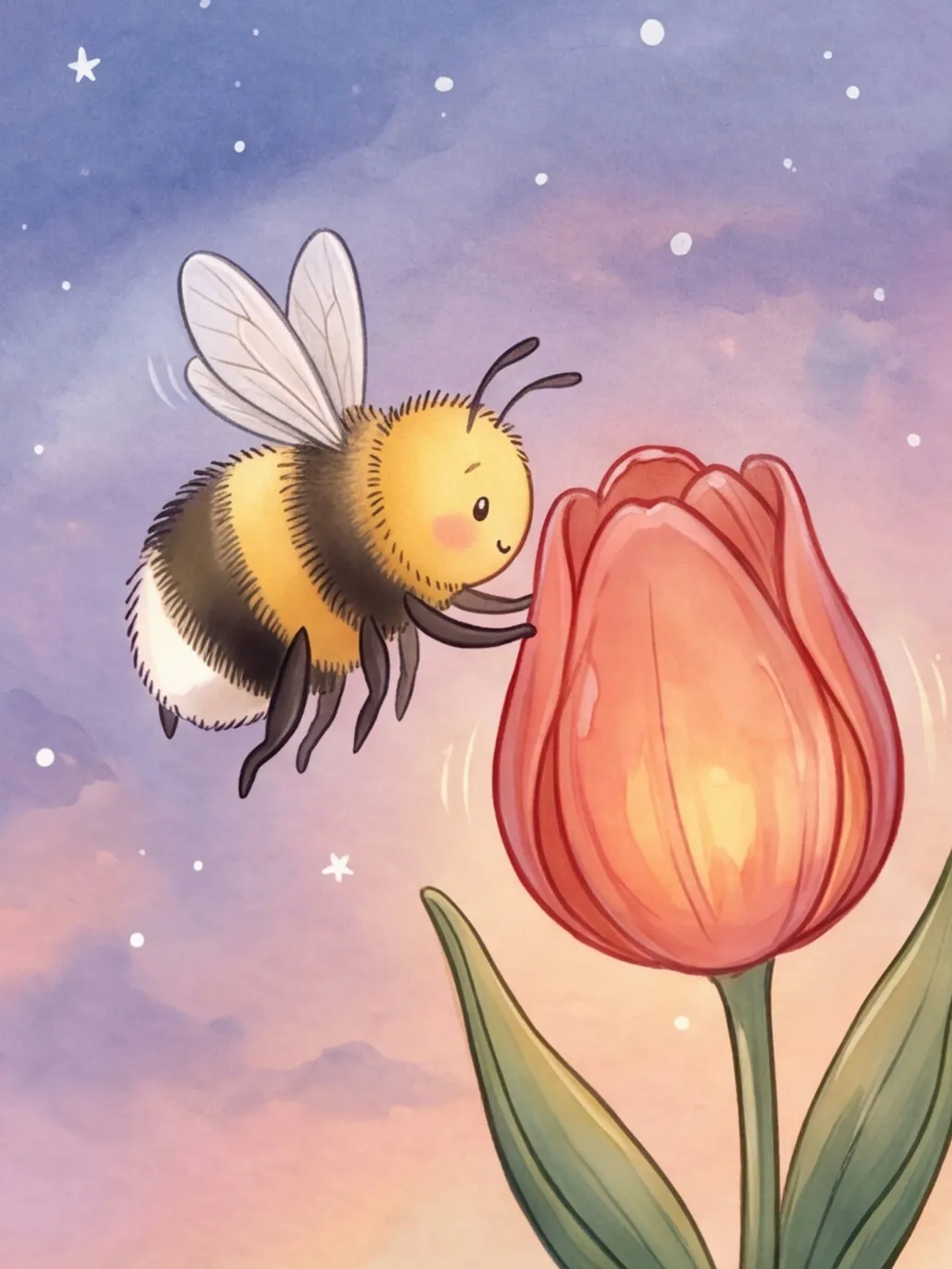 Mama Hummel lauscht an der geschlossenen Tulpe, die von innen leuchtet
