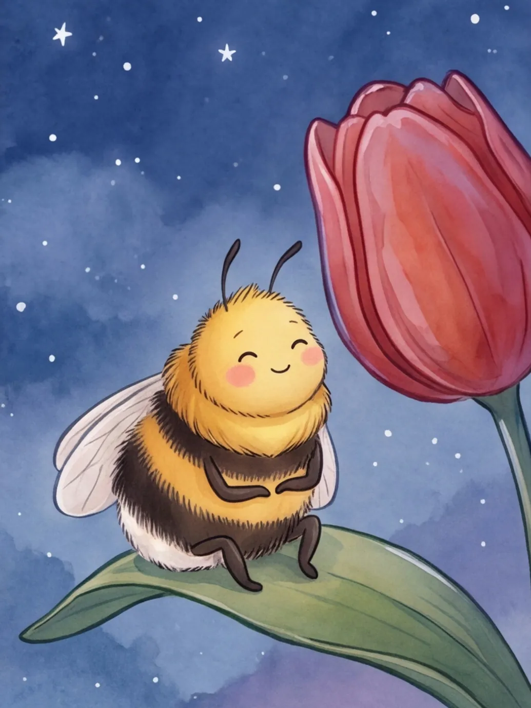 Mama Hummel sitzt im Mondlicht auf dem Blatt neben der Tulpe