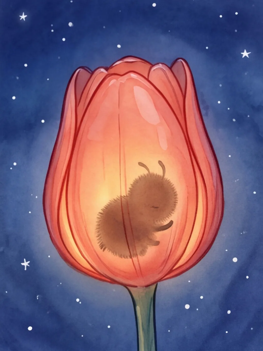 Die Tulpe leuchtet wie eine Laterne, drinnen sieht man Hannis Schatten