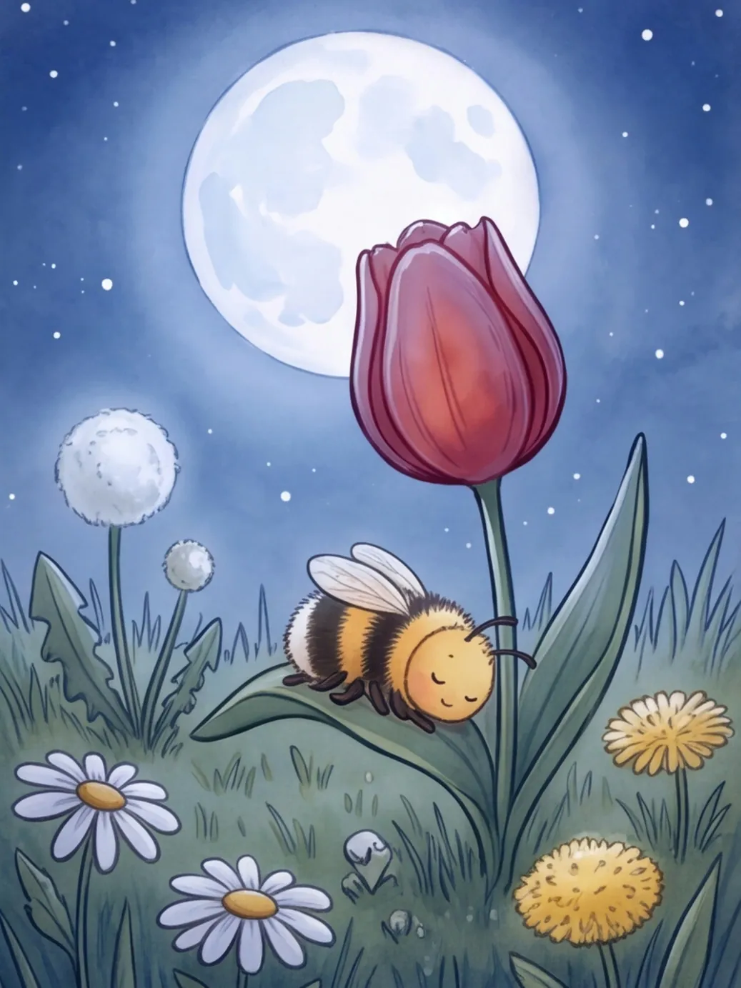 Der Garten schläft unter dem Mond, Mama Hummel schläft auf dem Tulpenblatt