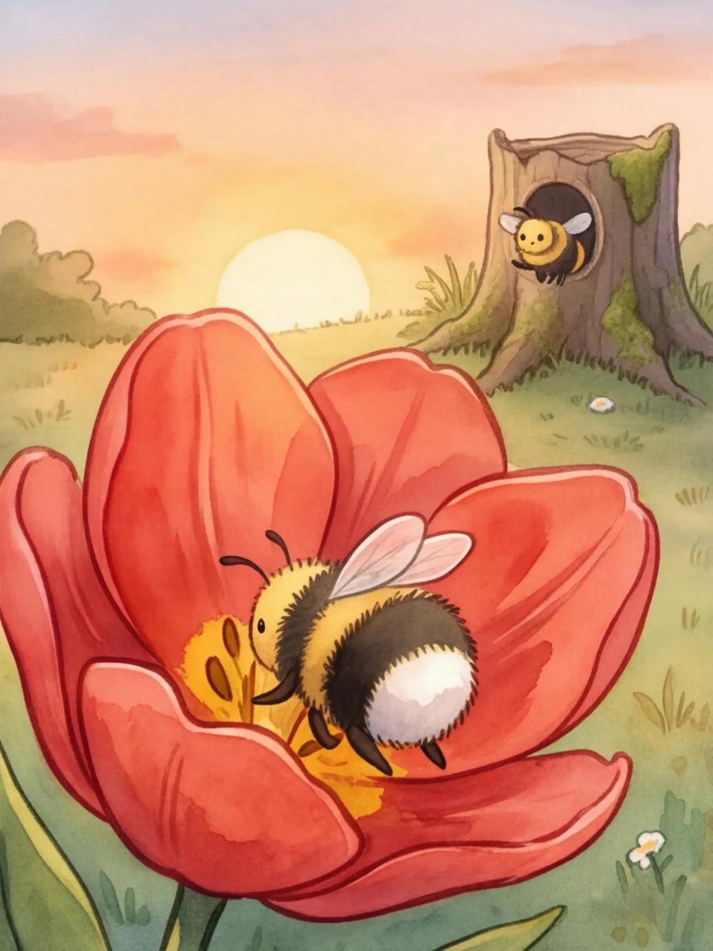 Hanni krabbelt in eine rote Tulpe, hinten ruft Mama aus einem Baumstumpf