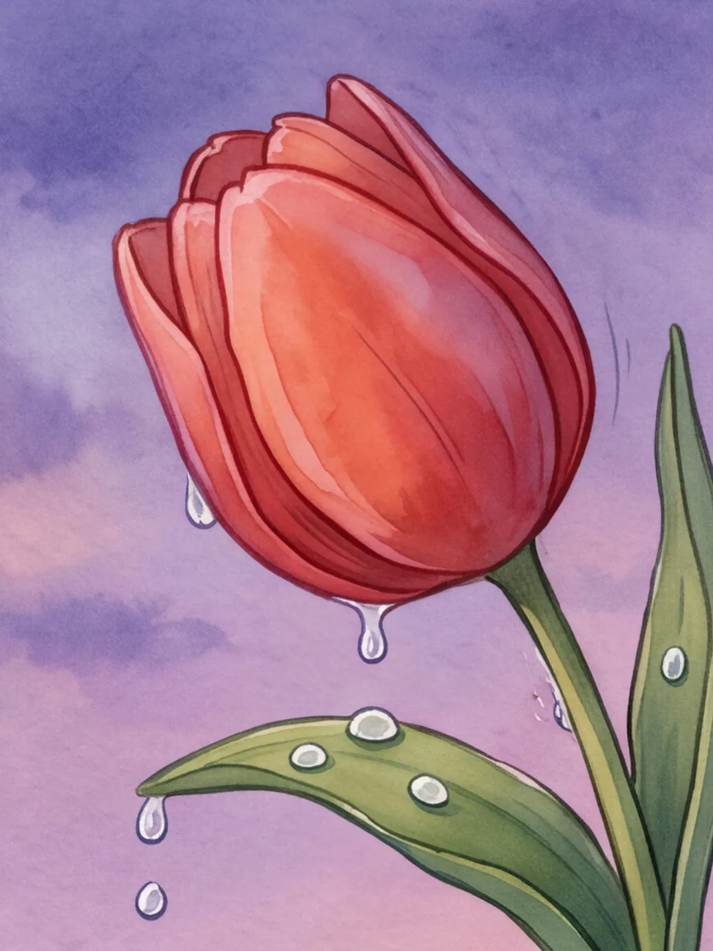 Die geschlossene Tulpe zittert, drei Tautropfen fallen vom Blatt