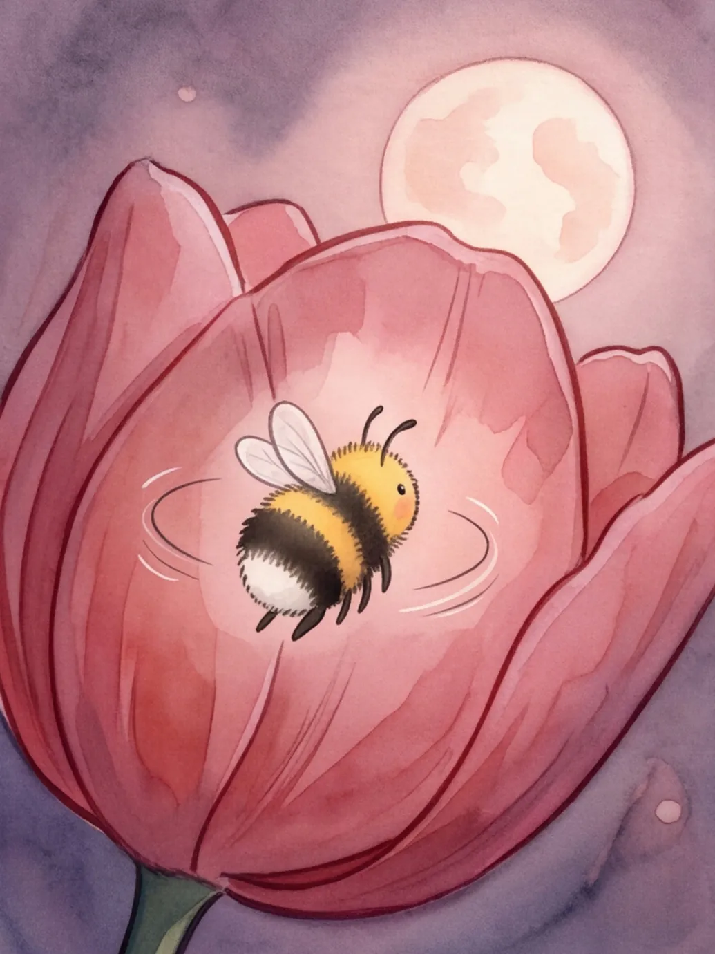Hanni fliegt in der dämmrigen Tulpe im Kreis, durch die Blätter scheint der Mond