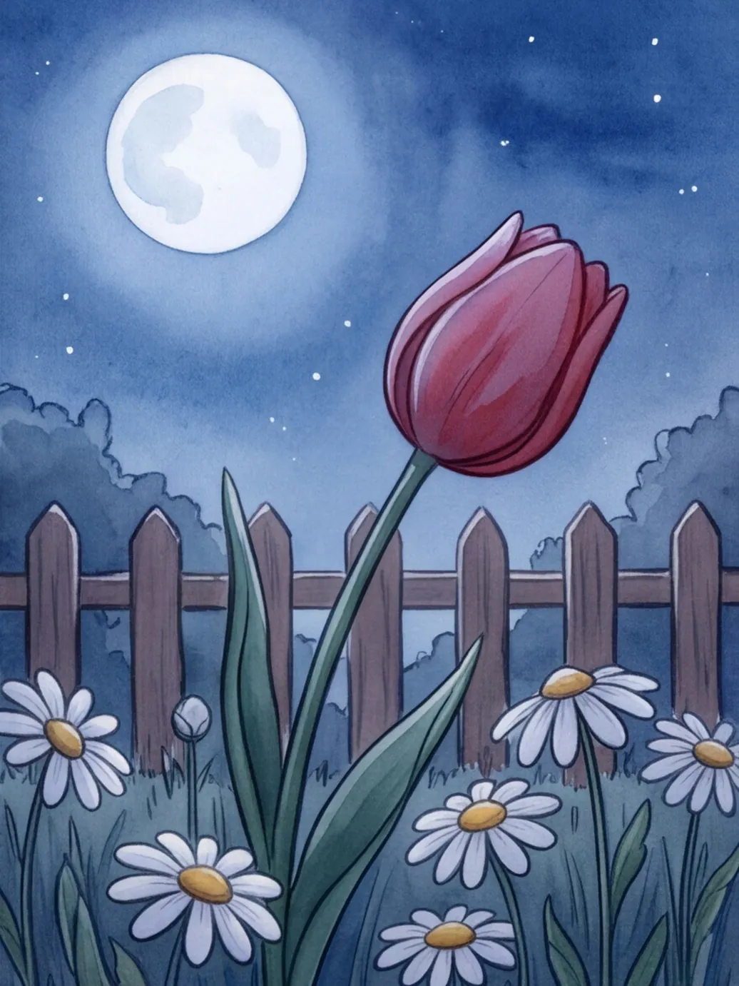 Die geschlossene Tulpe schaukelt im Mondlicht zwischen geschlossenen Gänseblümchen