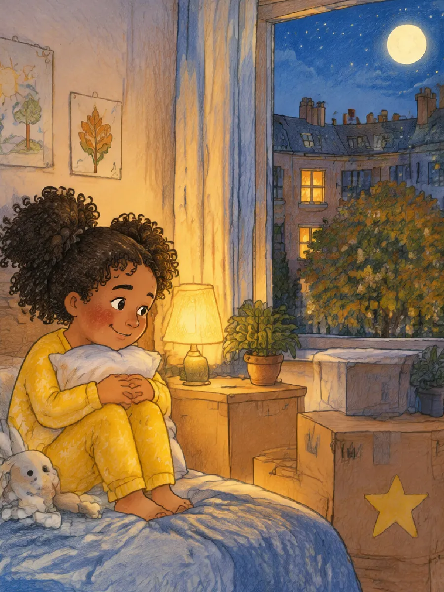 Juna sitzt im neuen Zimmer zwischen Umzugskartons auf dem Bett und umarmt ihr Kissen