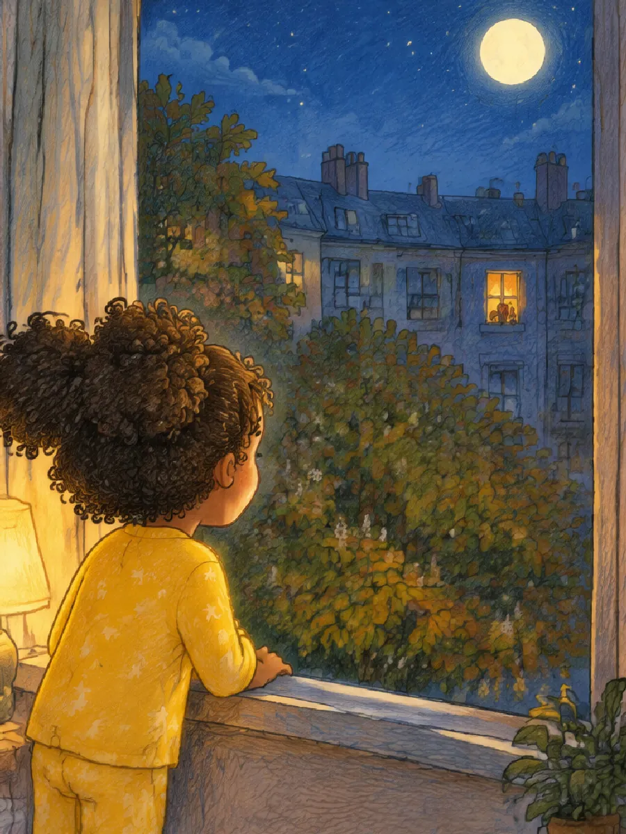 Juna steht am Fenster und schaut über den nächtlichen Hof, gegenüber blinkt in einem Fenster ein kleines Licht