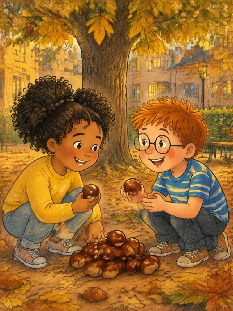 Juna und Emil sammeln lachend glänzende Kastanien unter dem Baum