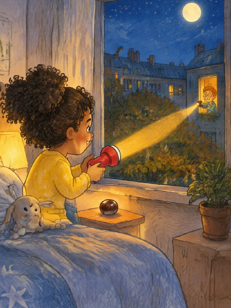 Juna sitzt im Bett am Fenster und blinkt mit der Taschenlampe, gegenüber antwortet ein Licht