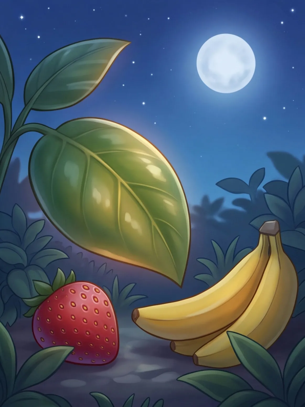 Ein großes Blatt und eine Erdbeere im silbernen Mondlicht unter dem Sternenhimmel