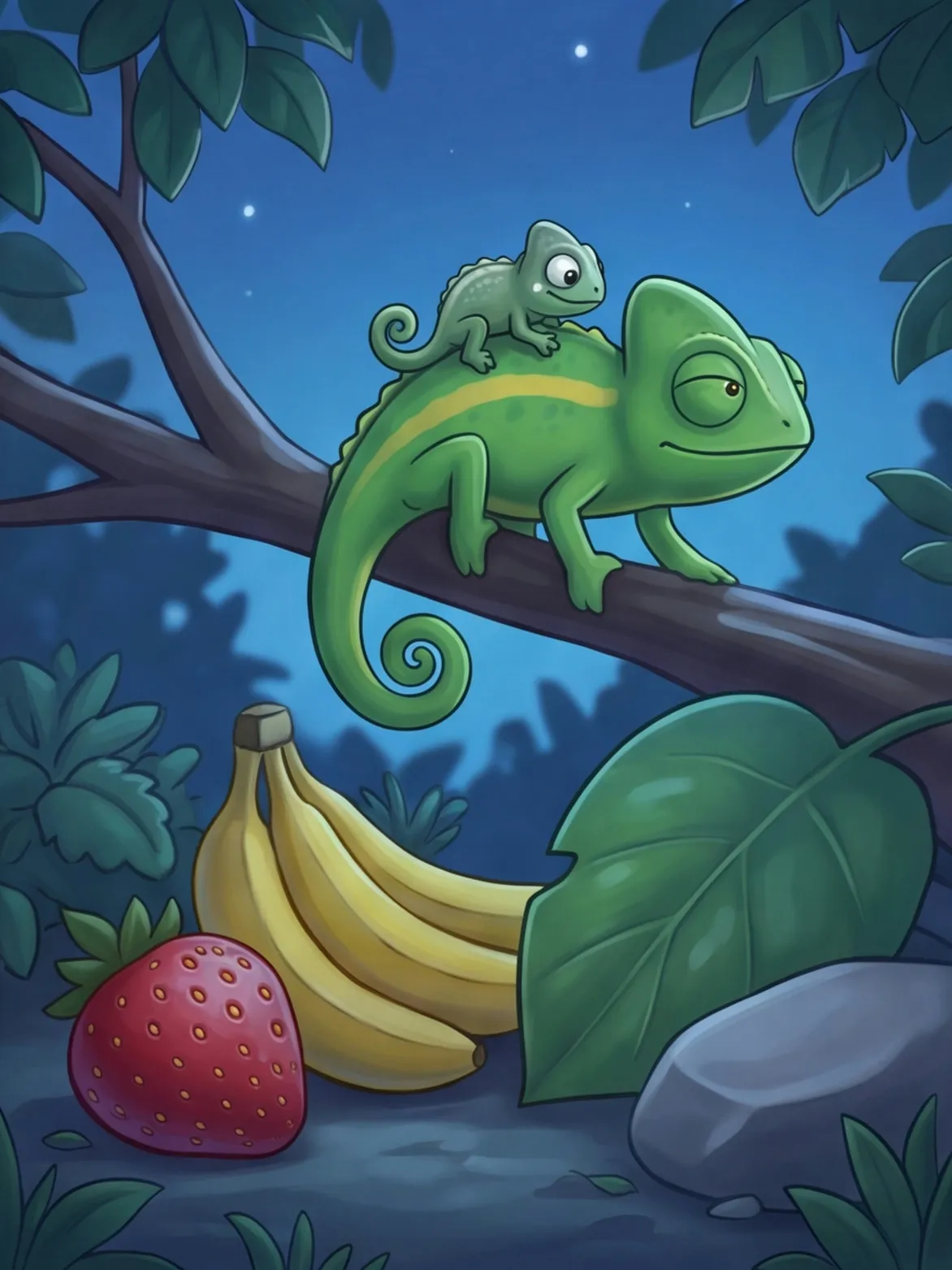 Erdbeere, Banane, Blatt und Stein im Mondlicht, Mama trägt Kami über den Ast