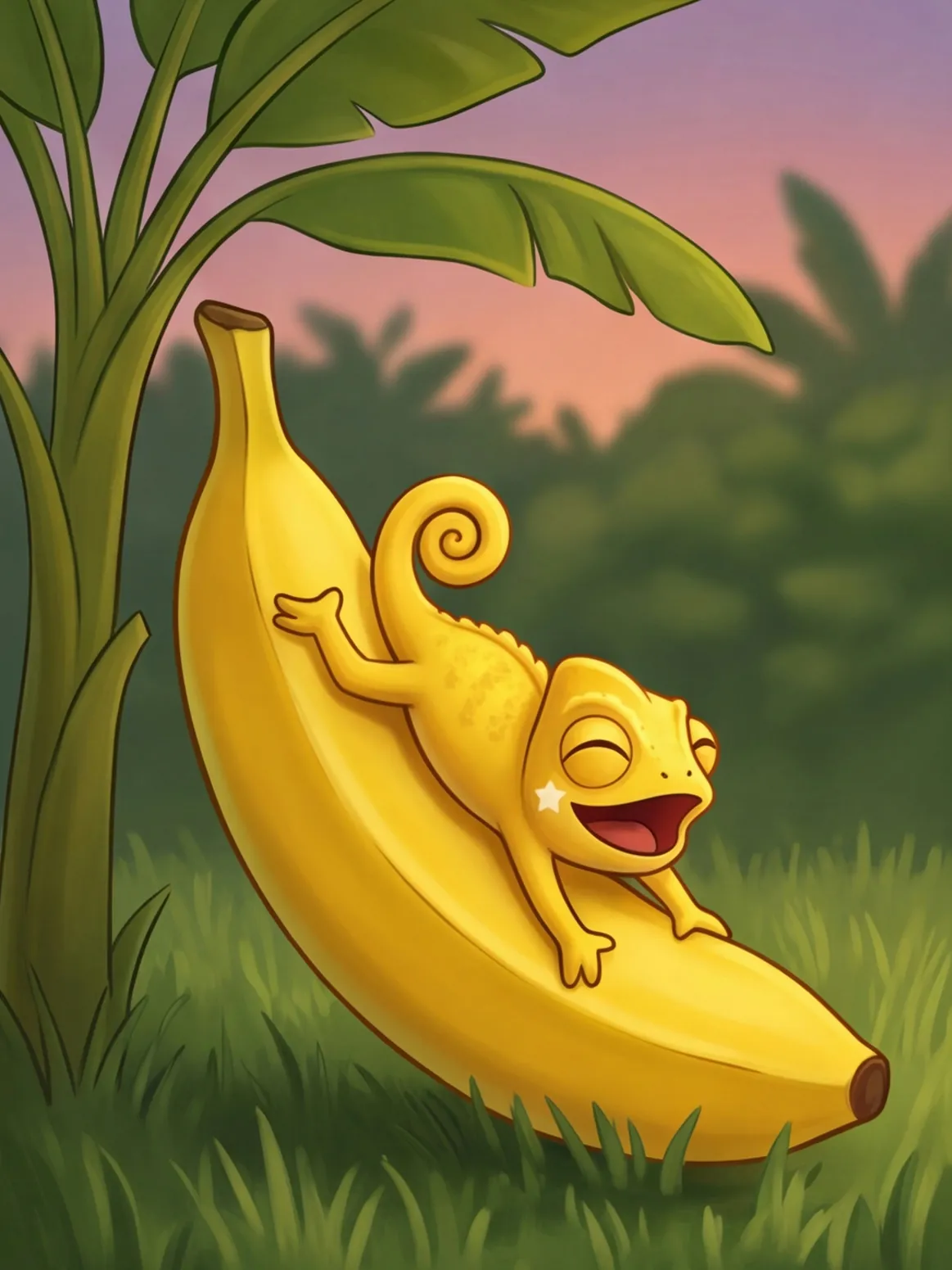 Die gelbe Kami rutscht kopfüber die Banane hinunter