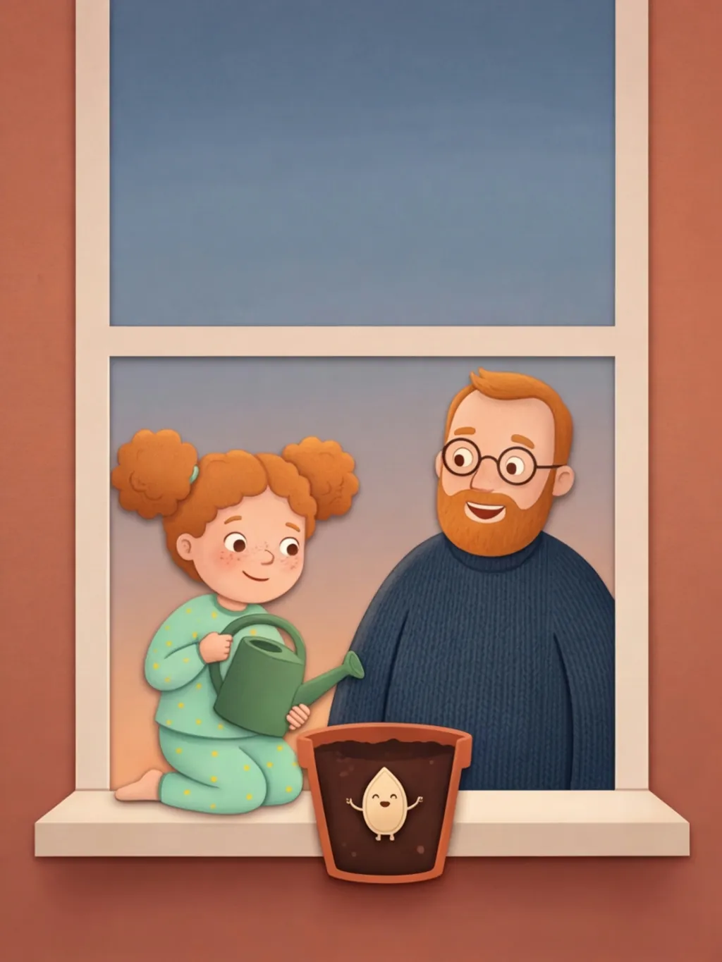 Fine kniet mit Gießkanne am Fenster, Papa steht hinter ihr, unter der Erde im Topf lächelt der Kürbiskern Kalle