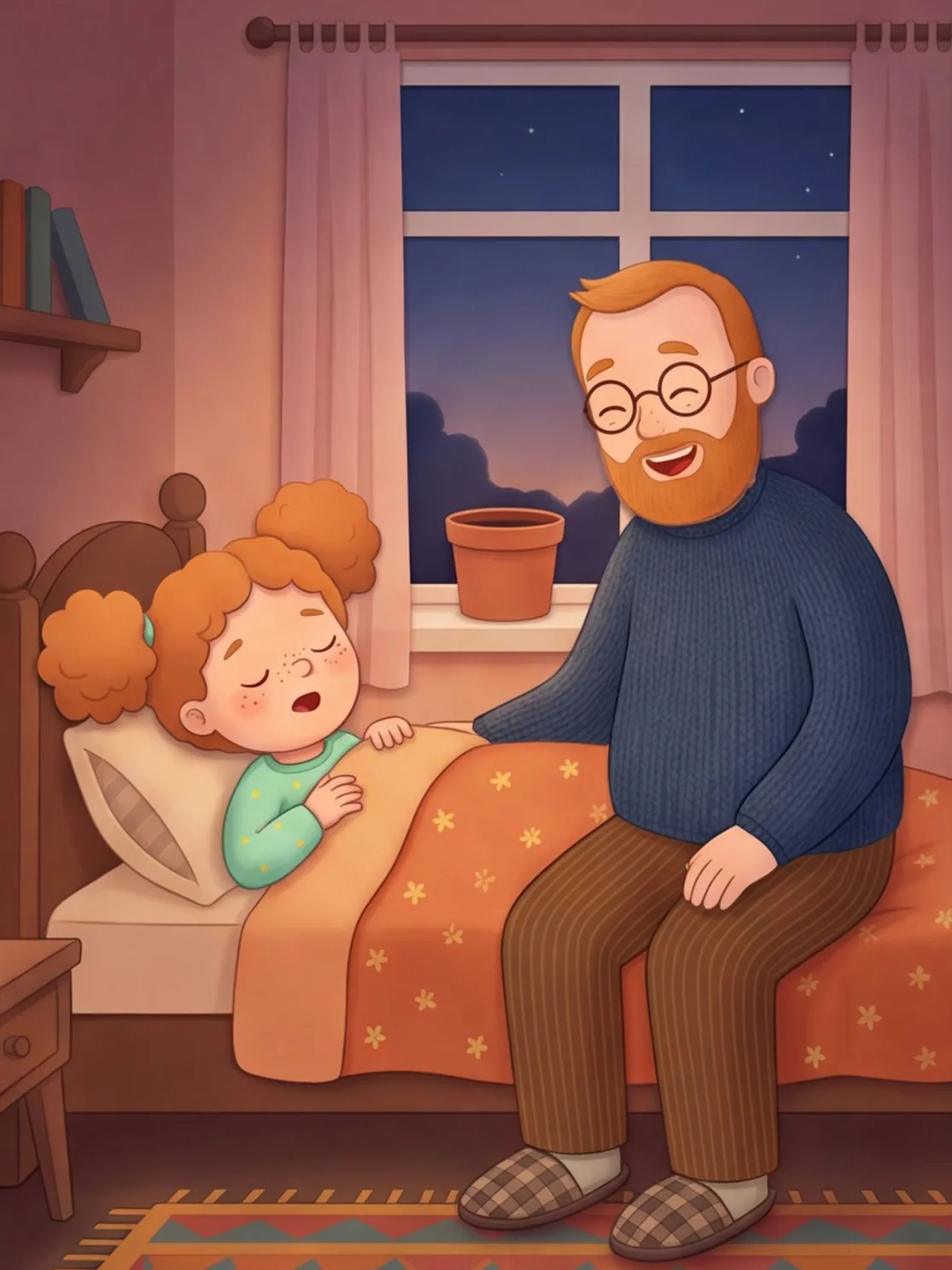 Papa sitzt an Fines Bett und singt leise, der Topf steht auf dem dunklen Fensterbrett