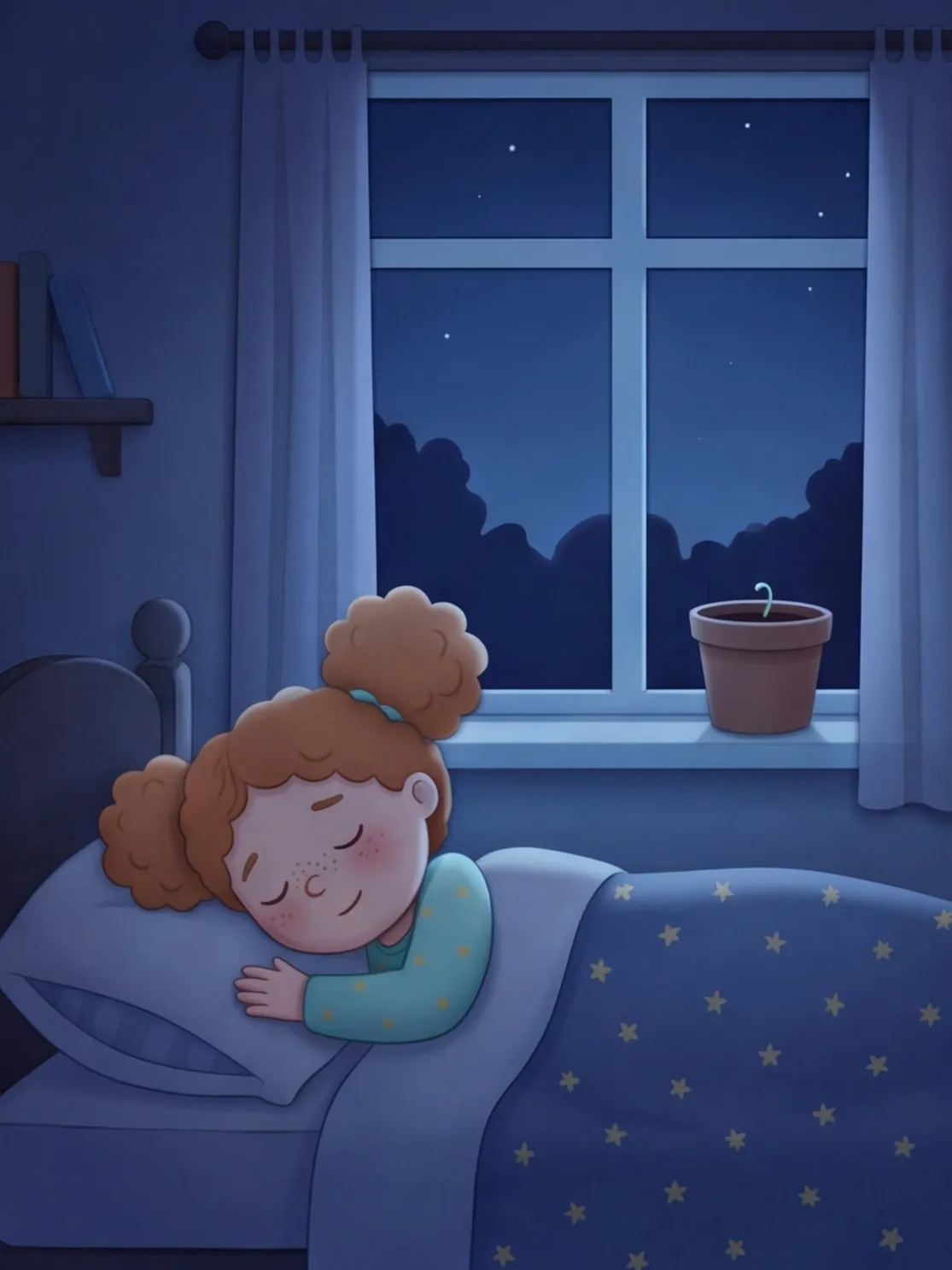 Fine liegt im Mondlicht im Bett und schläft fast ein