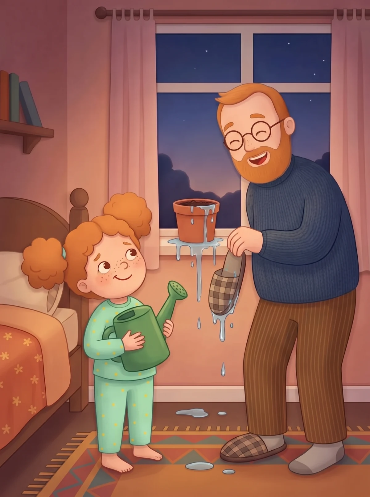 Wasser läuft aus dem Topf, Papa hält lachend einen tropfenden Hausschuh hoch