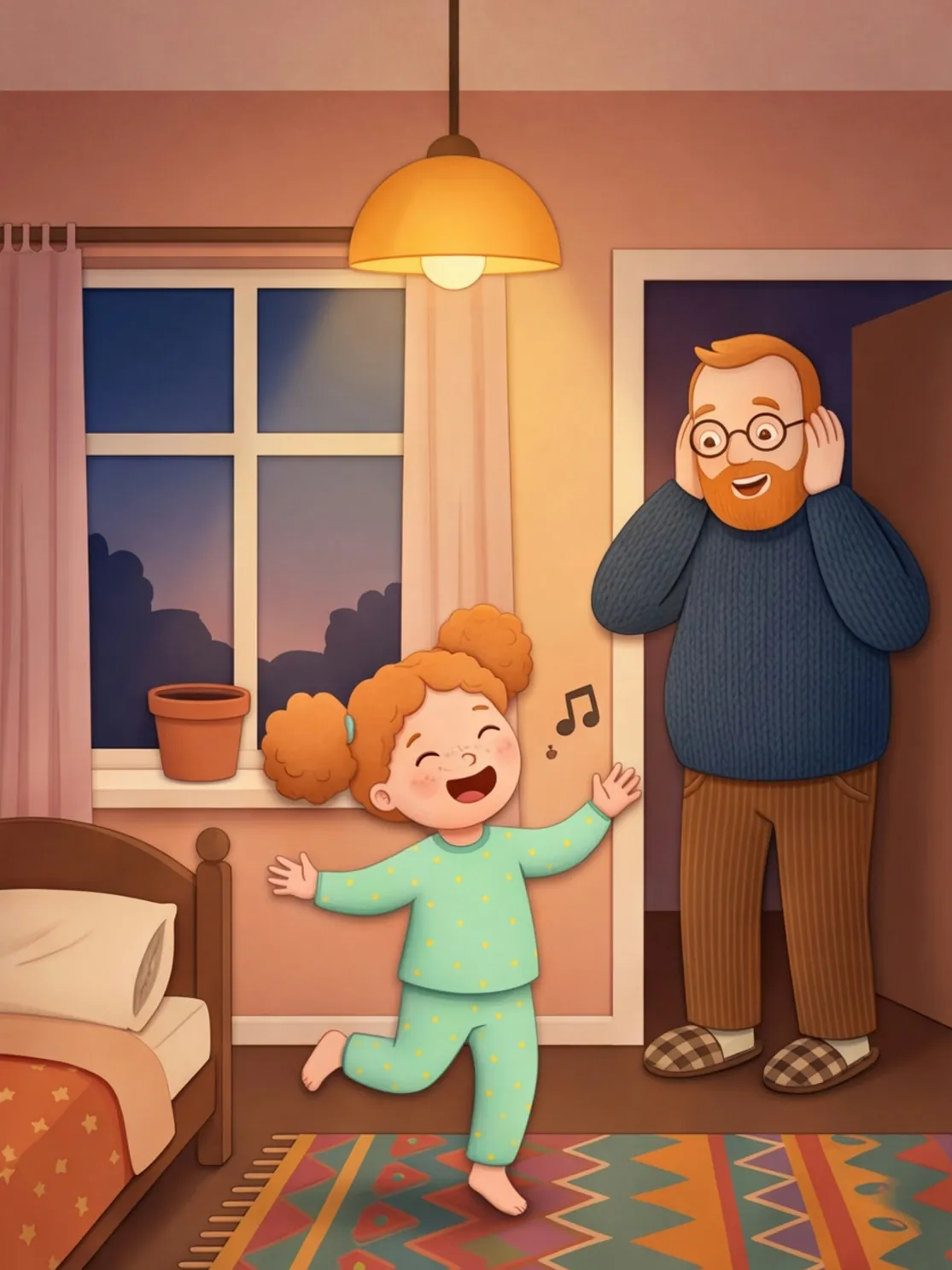 Fine singt und tanzt im Zimmer, Papa hält sich in der Tür lachend die Ohren zu